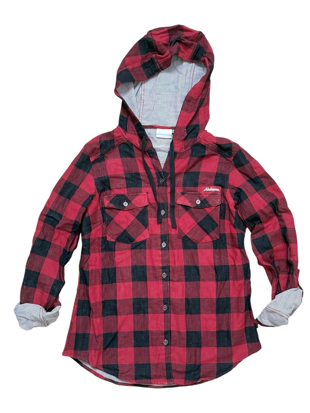Columbia Alabama Flannel Shirt Top Hooded Red Black Buffalo Check Plaid S Small